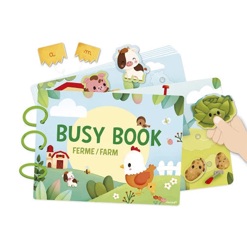 Granja de cartón con libros de actividades (Francés/Inglés) JANOD